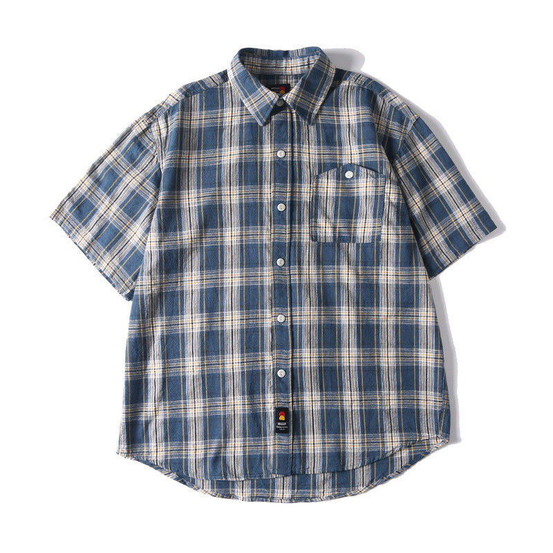 Summer New Japanese-style Retro Washed Yarn-dyed Plaid Short-sleeved Shirt