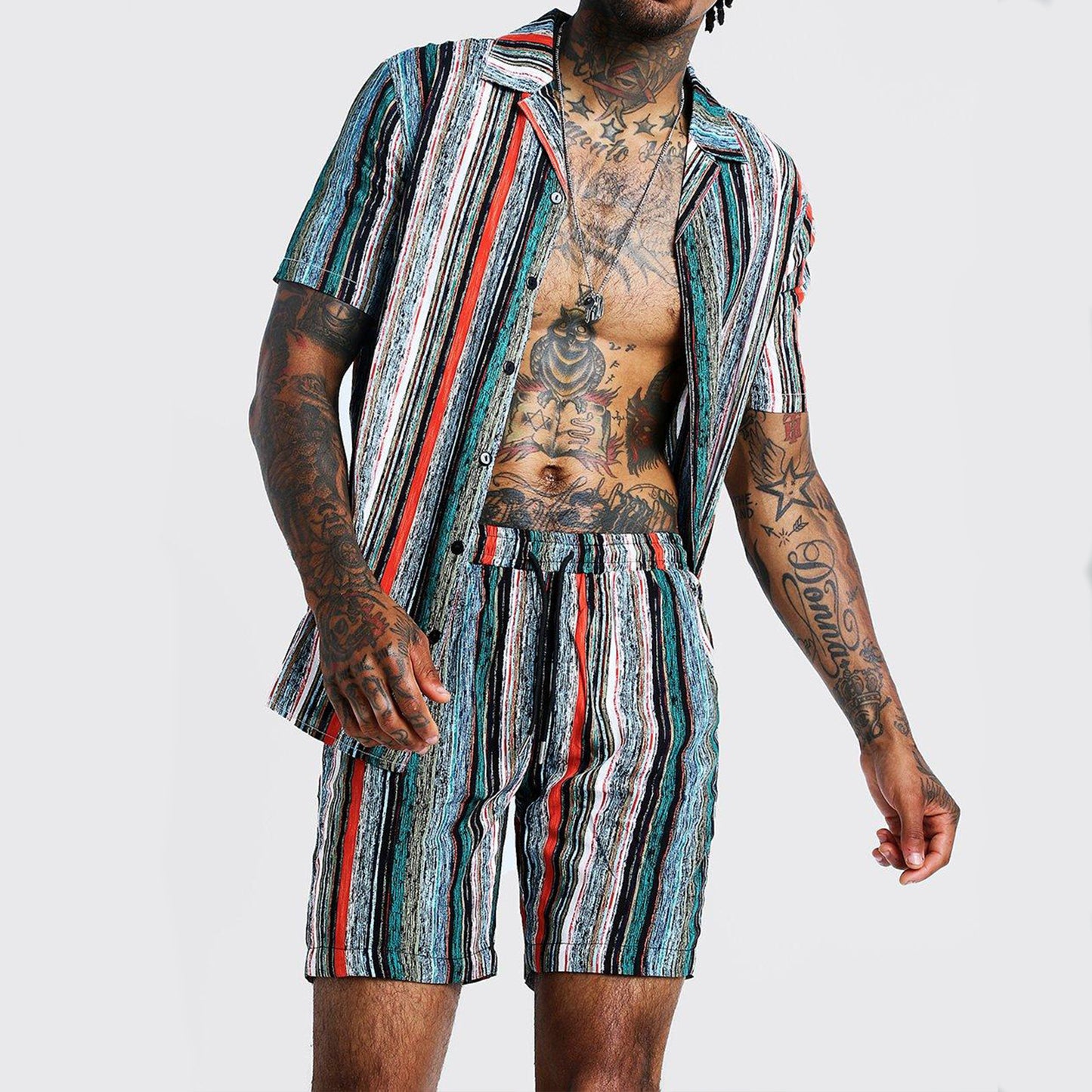 Cuban Collar Striped Short Sleeve Shirt Outfit