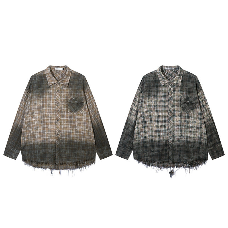 Gradient Plaid Shirt New Distressed Raw Edges