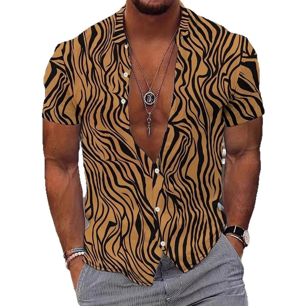 Men's New Geometric Line Style Printing Lapel Short Sleeve Shirt