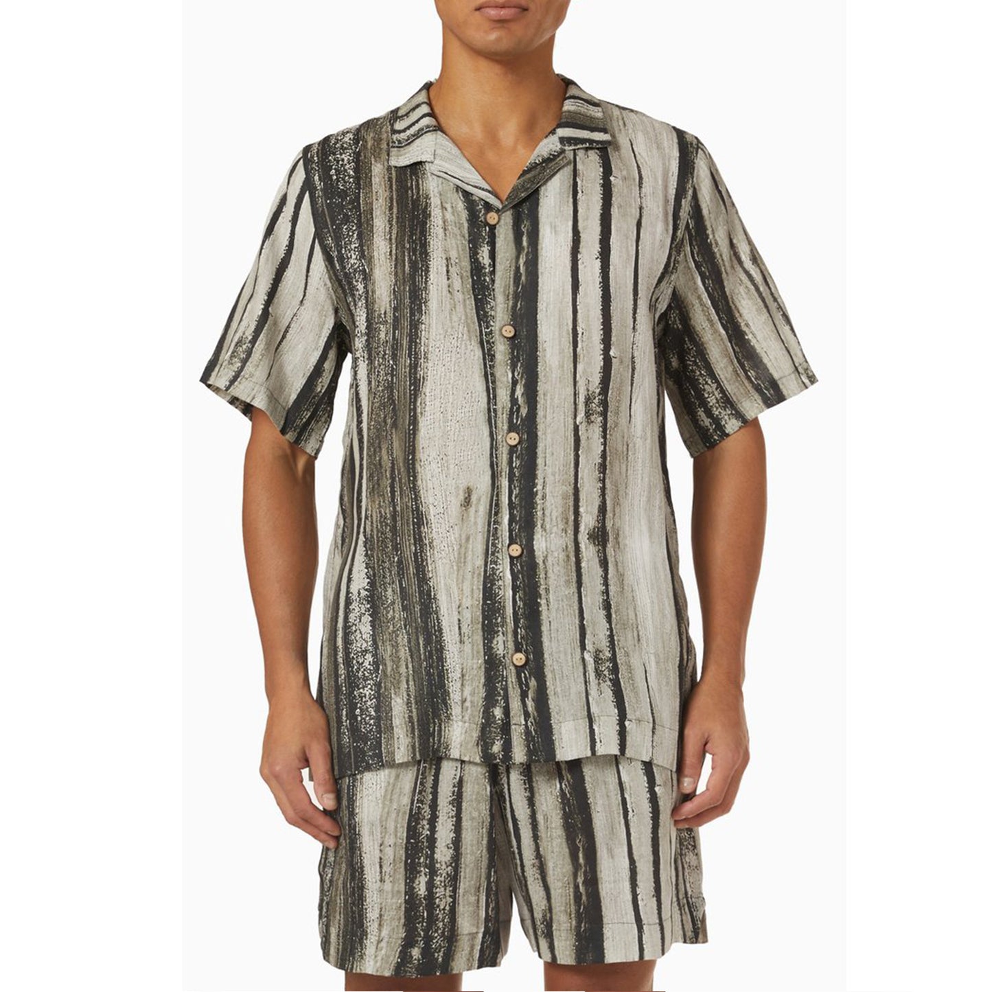 Cuban Collar Striped Short Sleeve Shirt Outfit