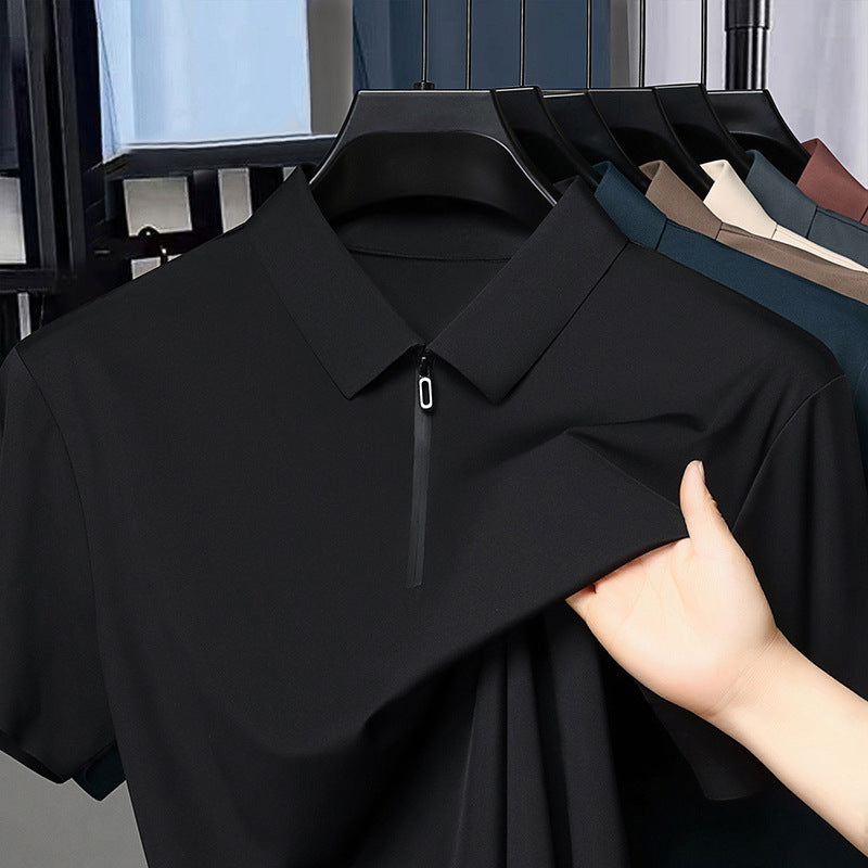 Men's Half Zipper Seamless Polo Shirt Summer Light Luxury Business Casual Ice Silk Top