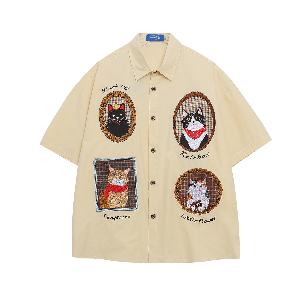 Antique Style Embroidered Cat Lazy Shirt Short Sleeve
