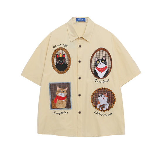 Antique Style Embroidered Cat Lazy Shirt Short Sleeve