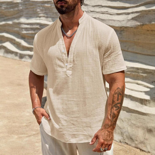 Men's Single-layer Solid Color Breathable Stand Collar Short-sleeved Shirt