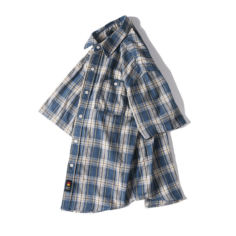 Summer New Japanese-style Retro Washed Yarn-dyed Plaid Short-sleeved Shirt