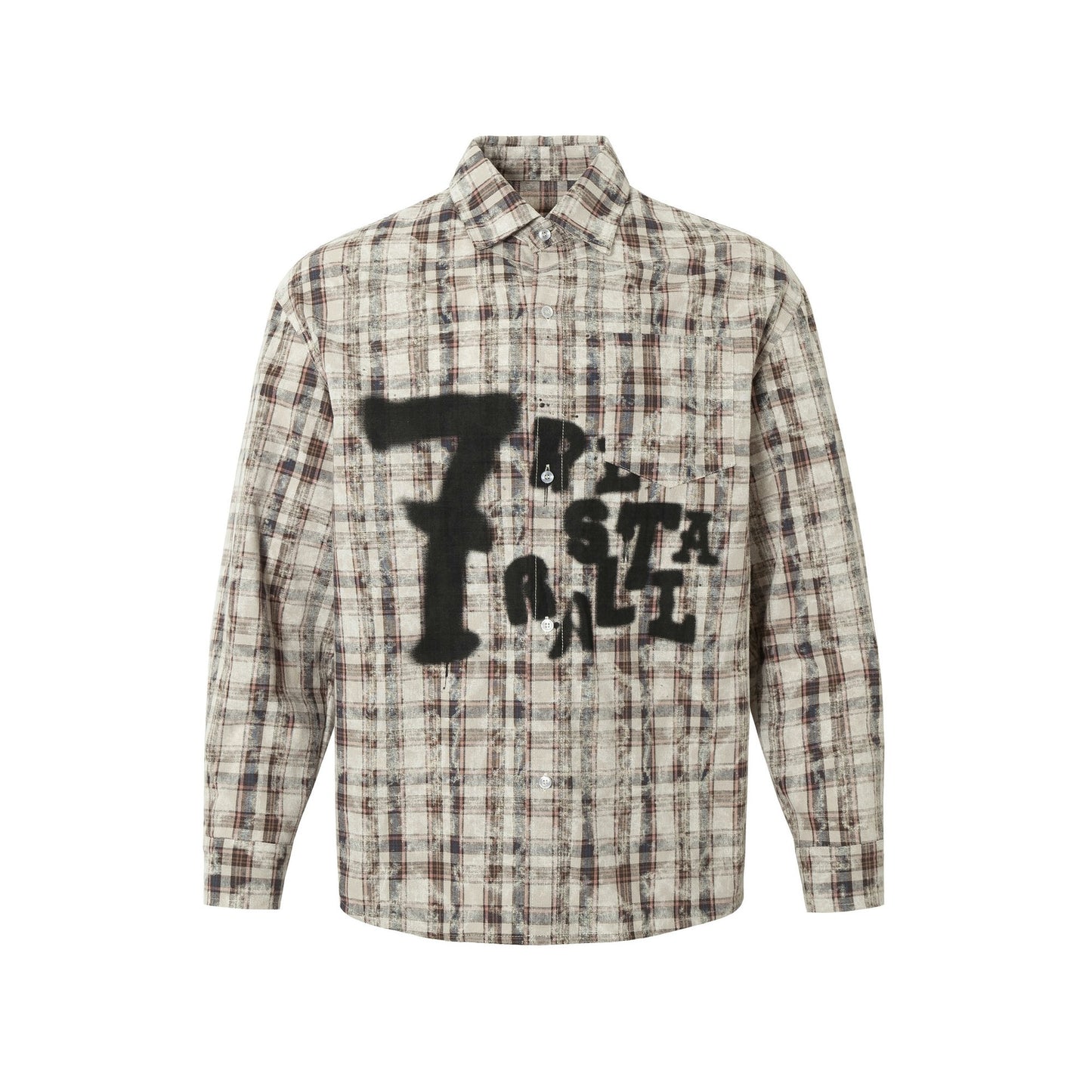 Retro Tie-dyed Distressed Plaid Long-sleeved Shirt Loose