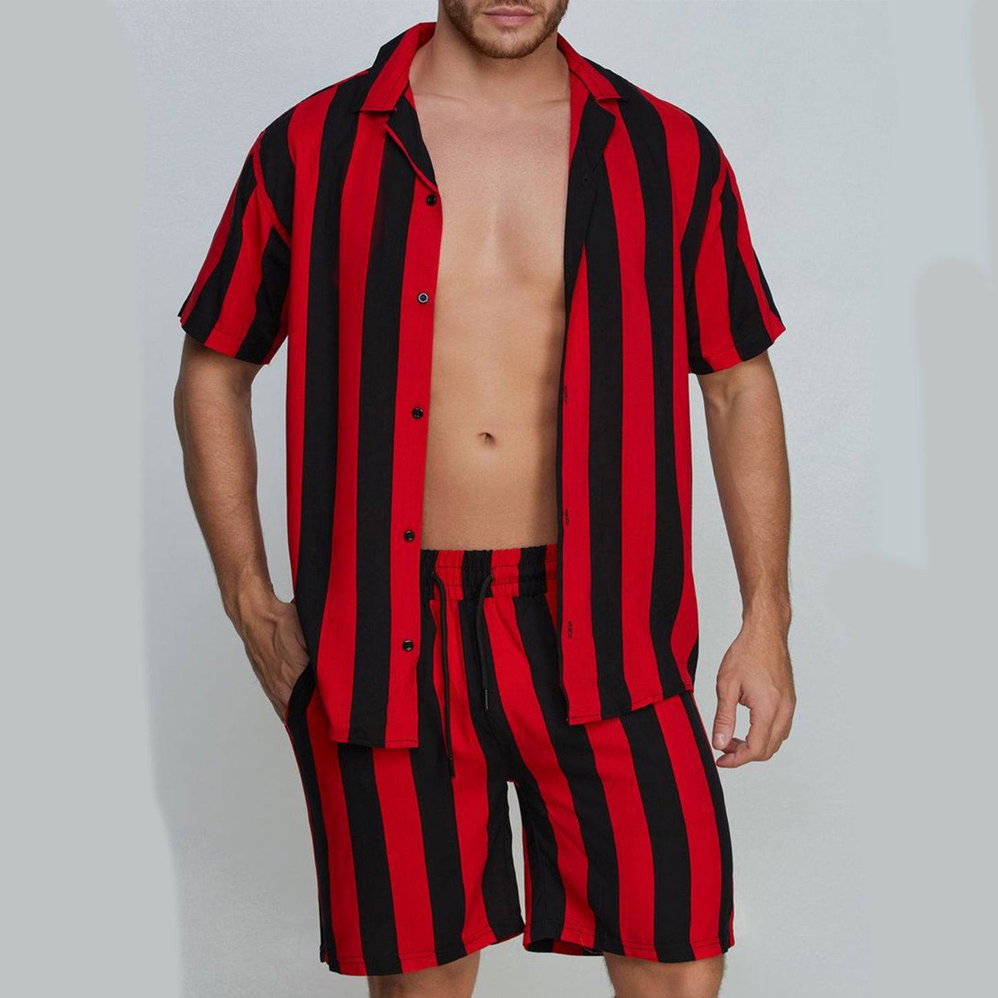 Cuban Collar Striped Short Sleeve Shirt Outfit