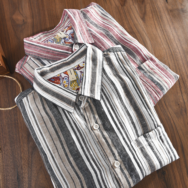 Spring And Summer New Men's Casual Linen Striped Shirt