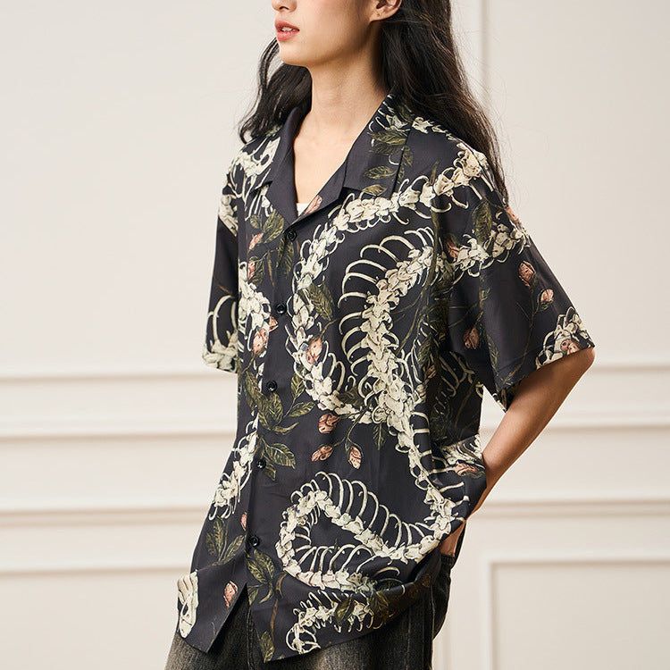 Original Designer Snake Bone Theme Pattern Printed Short Sleeve Cuban Collar Shirt