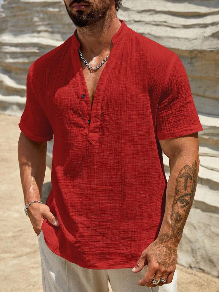 Men's Single-layer Solid Color Breathable Stand Collar Short-sleeved Shirt