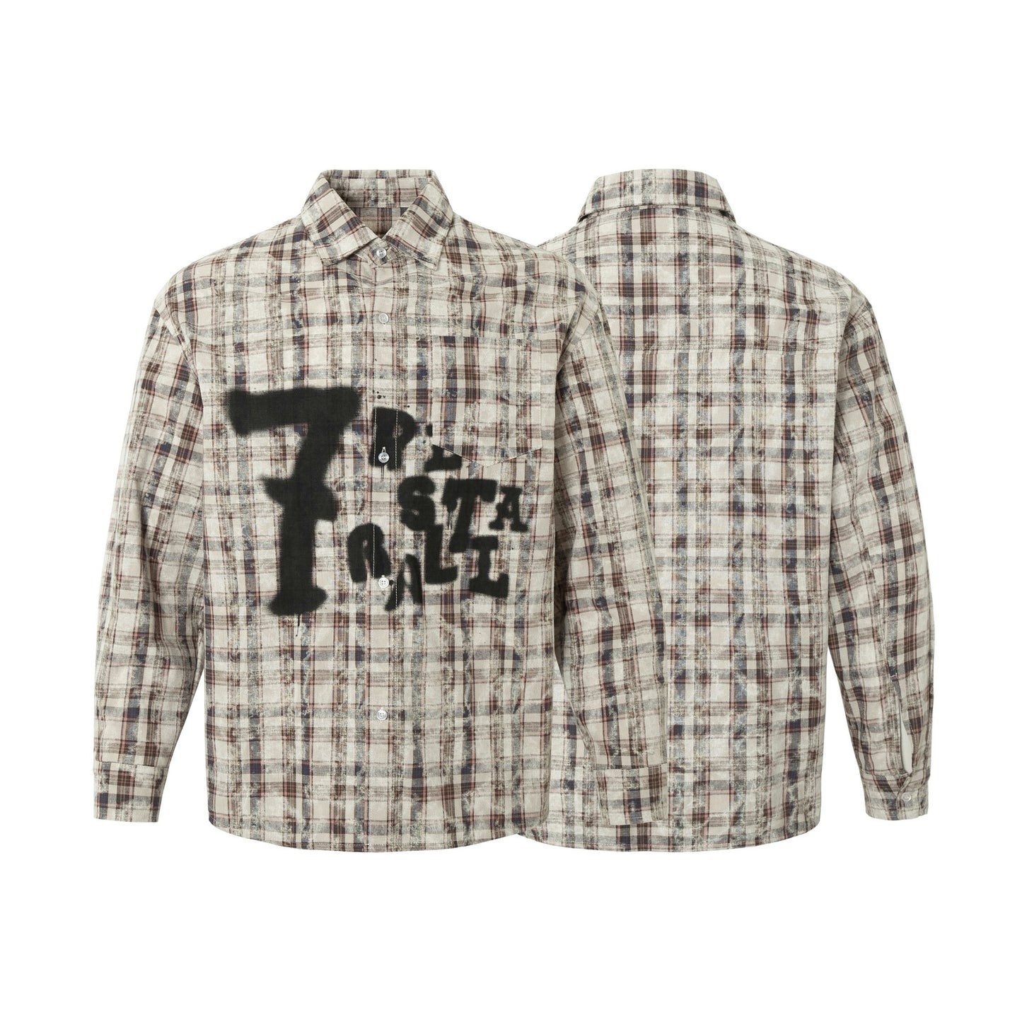 Retro Tie-dyed Distressed Plaid Long-sleeved Shirt Loose