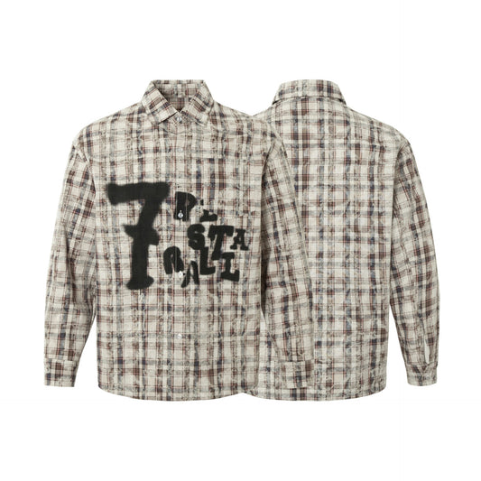 Retro Tie-dyed Distressed Plaid Long-sleeved Shirt Loose