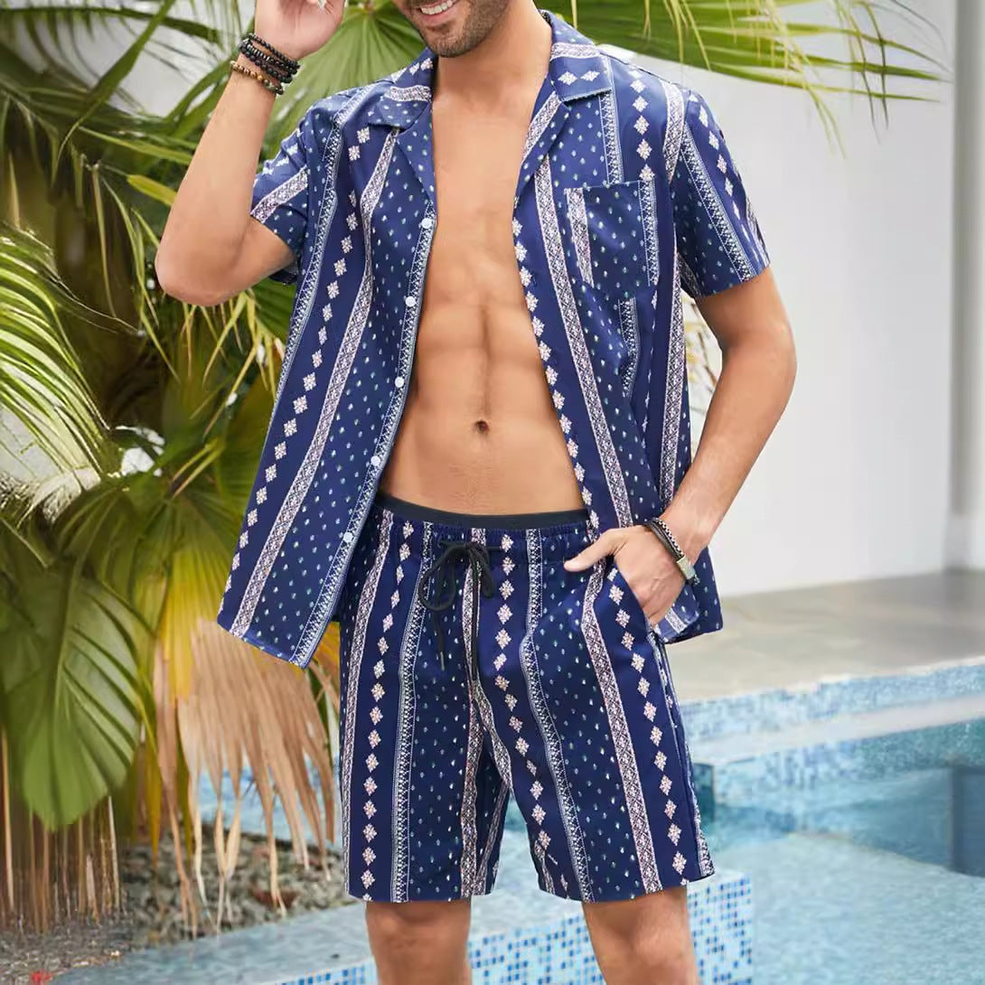 Cuban Collar Striped Short Sleeve Shirt Outfit