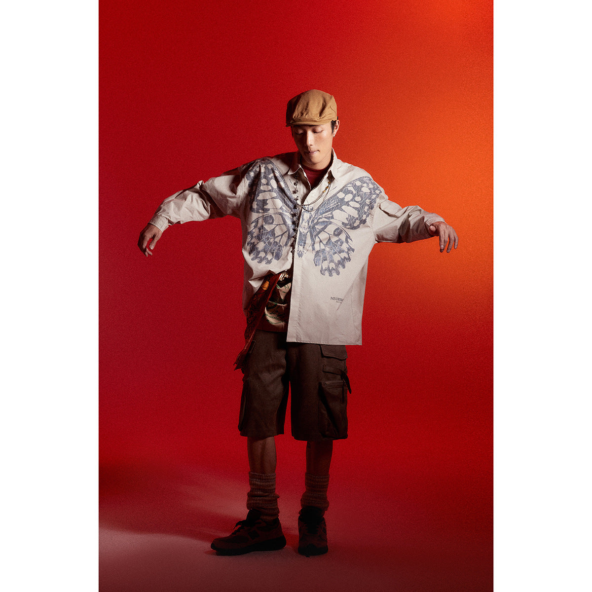 Butterfly Print Workwear Shirt Men's Casual Loose Long Sleeve