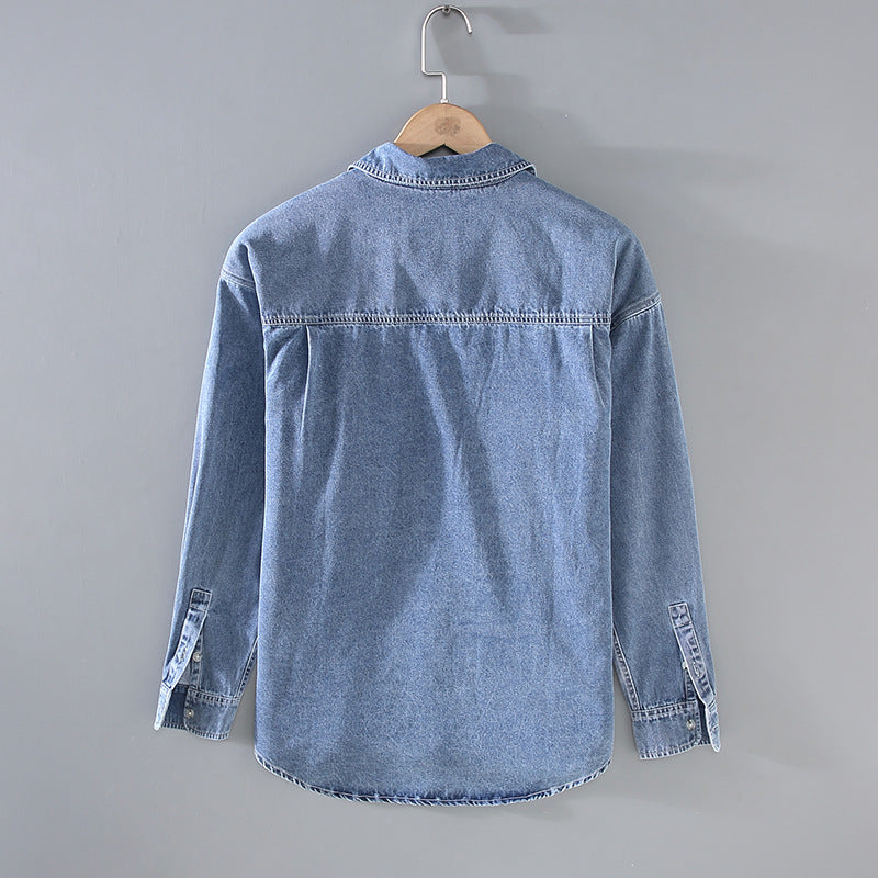 Japanese-style Retro Rewash Double Bag Men's Long Sleeve Light Color Denim Shirt