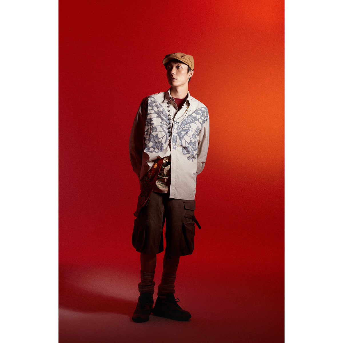 Butterfly Print Workwear Shirt Men's Casual Loose Long Sleeve