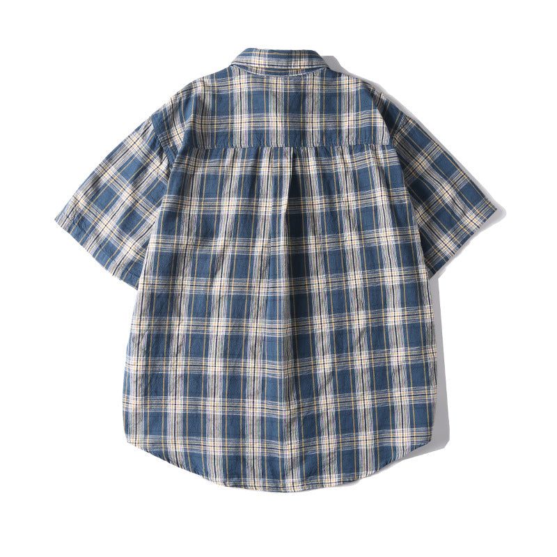 Summer New Japanese-style Retro Washed Yarn-dyed Plaid Short-sleeved Shirt