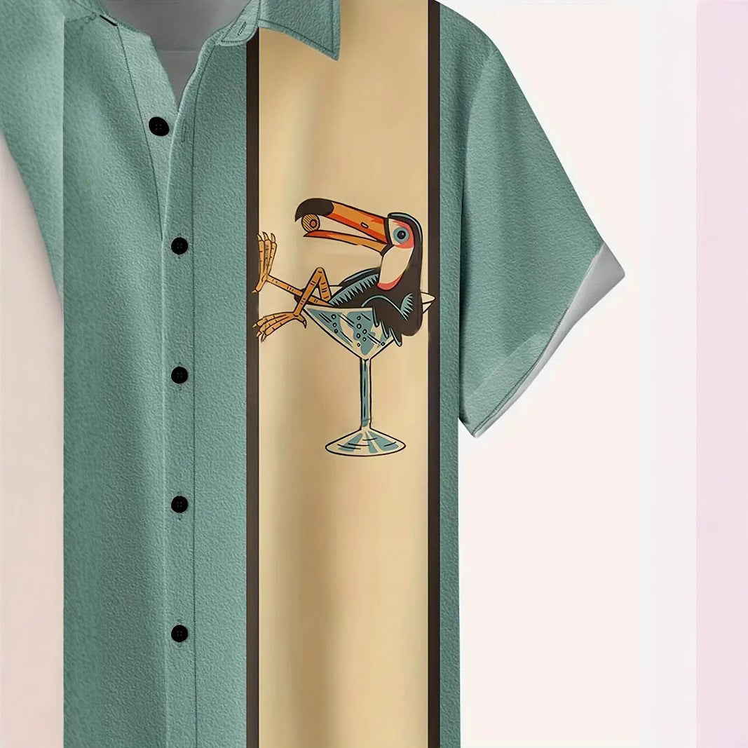 Hawaiian Shirt Striped Pattern Buckle Short Sleeve Men