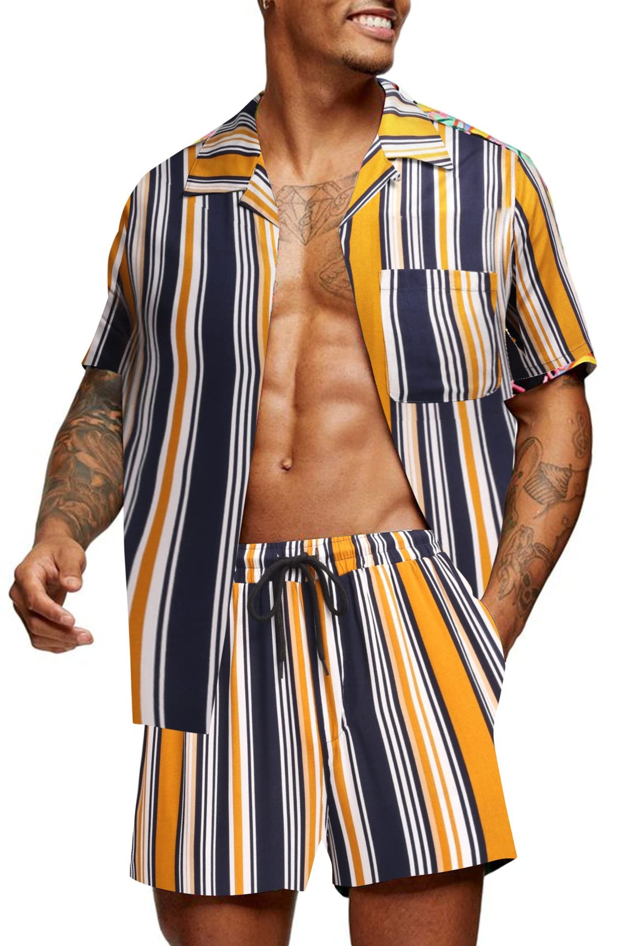 Cuban Collar Striped Short Sleeve Shirt Outfit