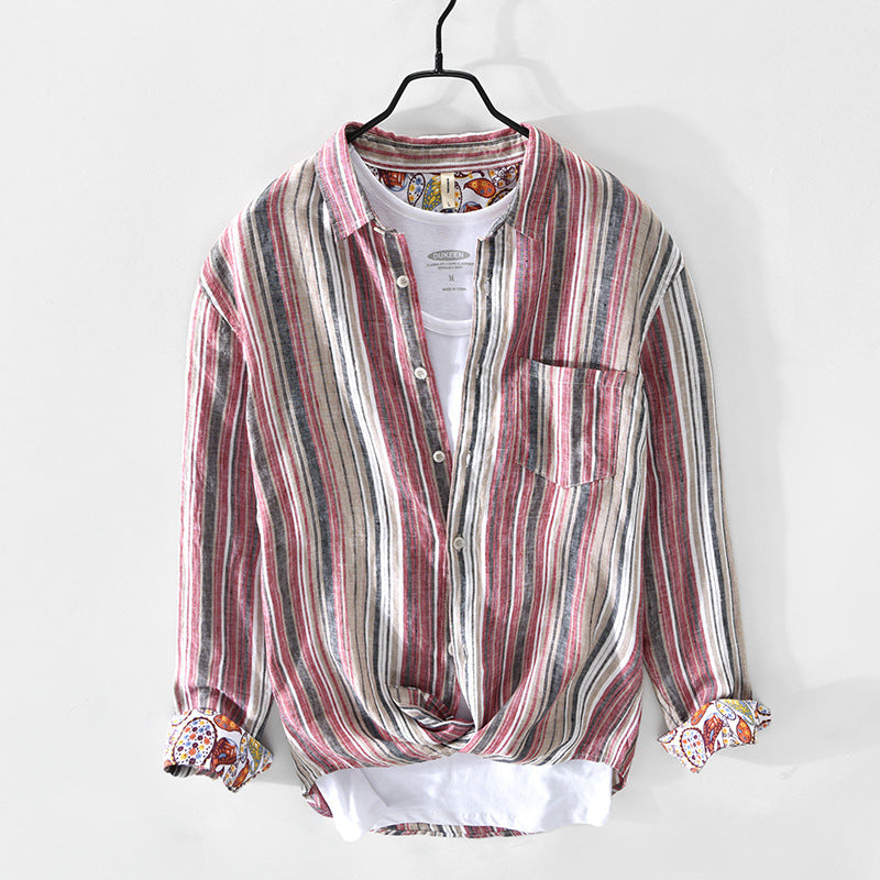 Spring And Summer New Men's Casual Linen Striped Shirt
