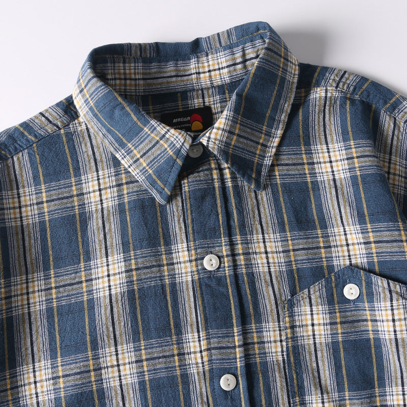 Summer New Japanese-style Retro Washed Yarn-dyed Plaid Short-sleeved Shirt