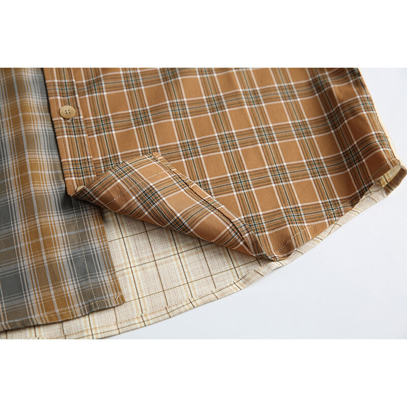 American Retro Irregular Stitching Contrast Color Check Long Sleeve Shirt