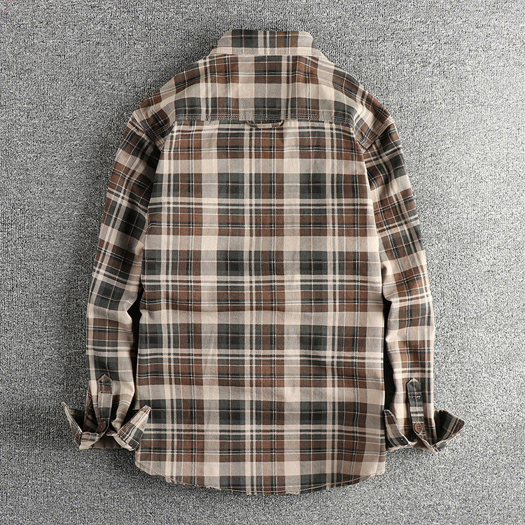 Thick Texture Washed Fashionable Plaid Long-sleeved Shirt For Men