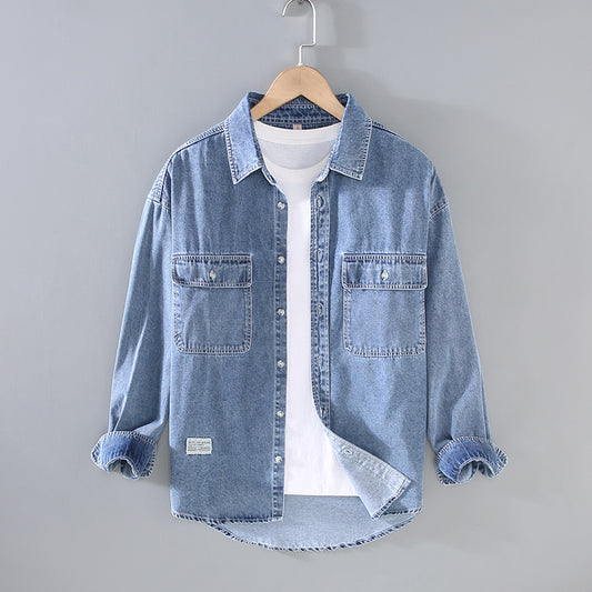 Japanese-style Retro Rewash Double Bag Men's Long Sleeve Light Color Denim Shirt