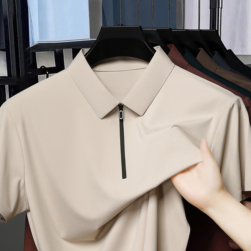 Men's Half Zipper Seamless Polo Shirt Summer Light Luxury Business Casual Ice Silk Top