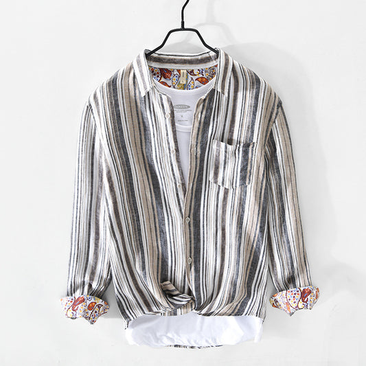 Spring And Summer New Men's Casual Linen Striped Shirt