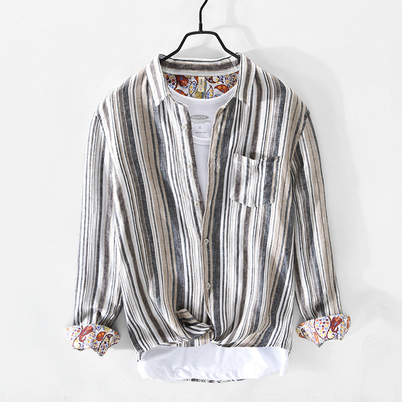 Spring And Summer New Men's Casual Linen Striped Shirt