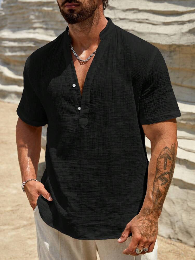 Men's Single-layer Solid Color Breathable Stand Collar Short-sleeved Shirt