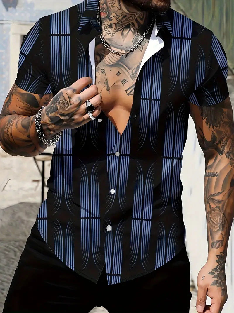 Men's New Geometric Line Style Printing Lapel Short Sleeve Shirt