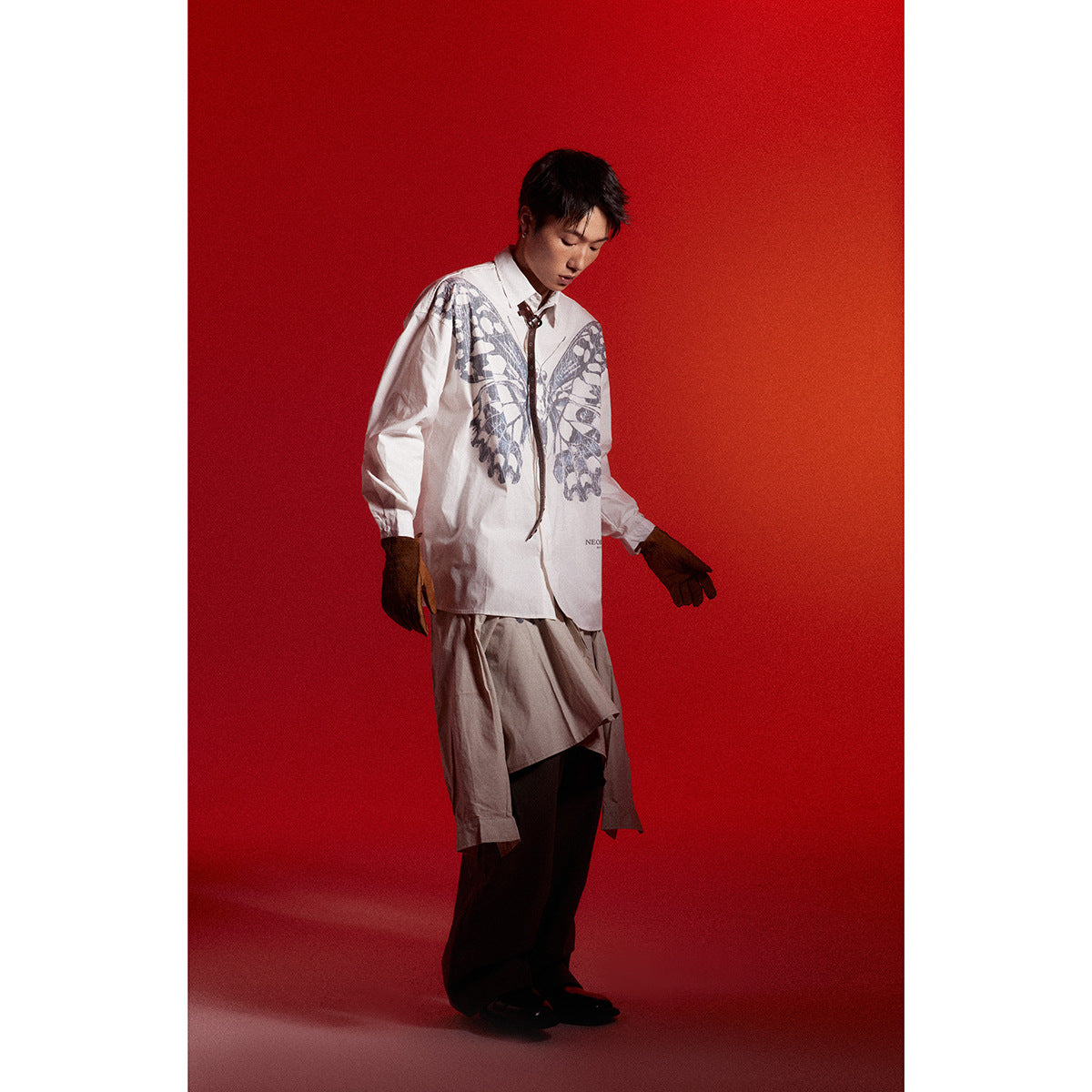 Butterfly Print Workwear Shirt Men's Casual Loose Long Sleeve