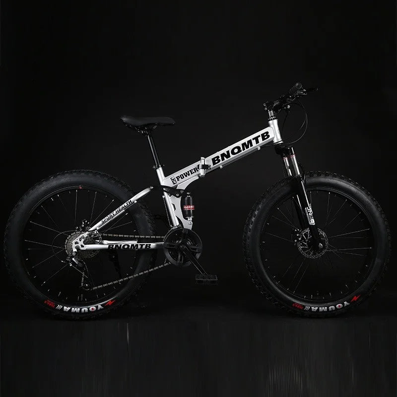 Folding Snow Mountain Bike High Carbon Steel Frame Dual Disc Brakes Soft Tail Design 4.0 Tire Width Wheels 7-Speed