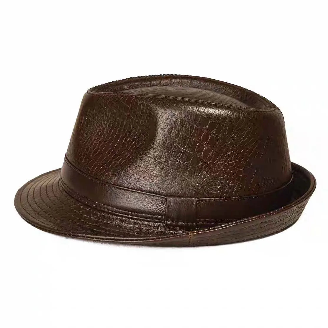 Genuine Leather Cowhide Formal Hat Gentleman Cowhide Short Brim Black/Brown Top Hat Male Shows Gentleman Air Vent Fedora