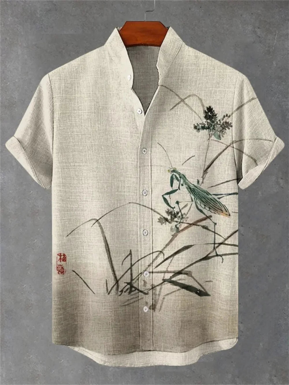 Men's Japanese Retro Art Print Short Sleeve Stand up Collar Linen Shirt Casual plus Size Fashion Fast Shipping