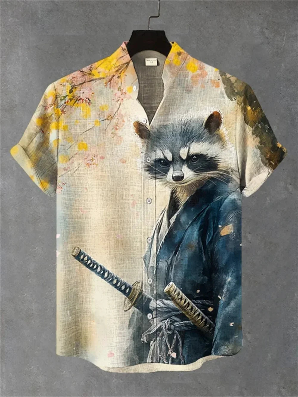 Men's Japanese Retro Art Print Short Sleeve Stand up Collar Linen Shirt Casual plus Size Fashion Fast Shipping