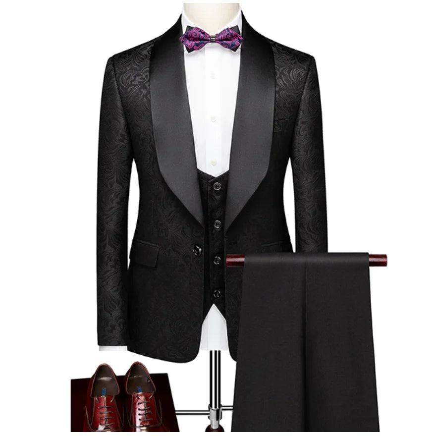 Hot Selling Men Suits Pattern and Black Groom Tuxedos Shawl Satin Lapel Groomsmen Wedding Best Man ( Jacket+Pants+Vest+Tie) C691