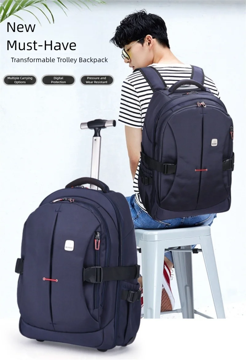 Airline Approved Carry On Backpack for Men Large Capacity Luggage with Telescopic Handle Durable Wheels TSA Friendly Travel Bag