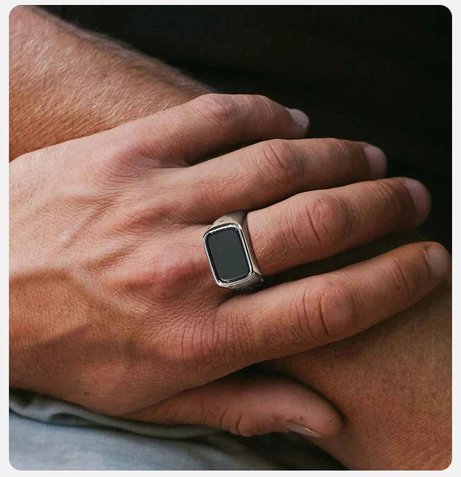 Vnox Men's Stainless Steel Geometric Glass Stone Signet Ring, 12.8mm Width Size 7-12 Waterproof Rectangle Top Ring Gift for Men‌
