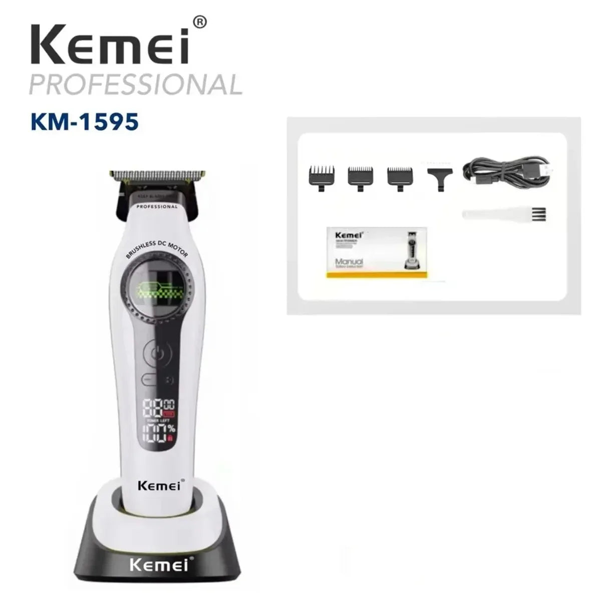 Kemei 1595 Barber Cordless Hair Trimmer Professional Men Hair Clipper External Rotor Brushless Motor Finish Hair Cutting Machine