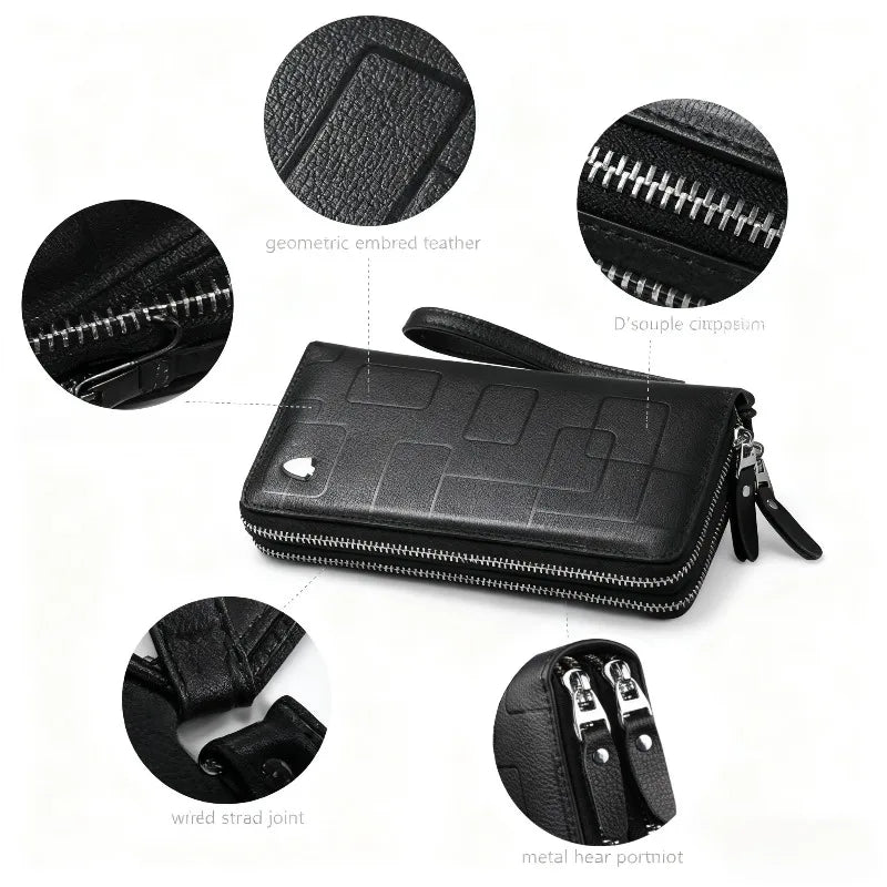Men's Leather Long Wallet Double Zipper Clutch Purse with Wrist Strap Geometric Pattern Card Holder Organizer for Business