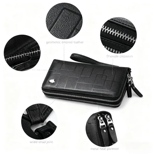 Men's Leather Long Wallet Double Zipper Clutch Purse with Wrist Strap Geometric Pattern Card Holder Organizer for Business