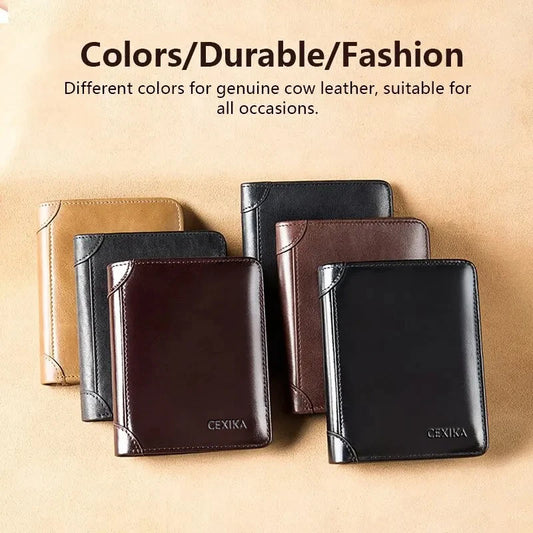 Genuine Leather Wallet for Men with RFID Trifold Business Short Small Cowskin Purse with ID Window and Credit Card Holder