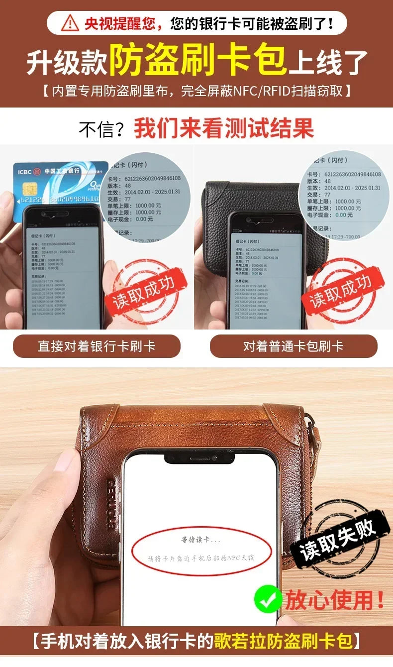 Men Wallet Genuine Leather Rfid Blocking Trifold Wallet Vintage Thin Short Multi Function ID Credit Card Holder Male Purse Money