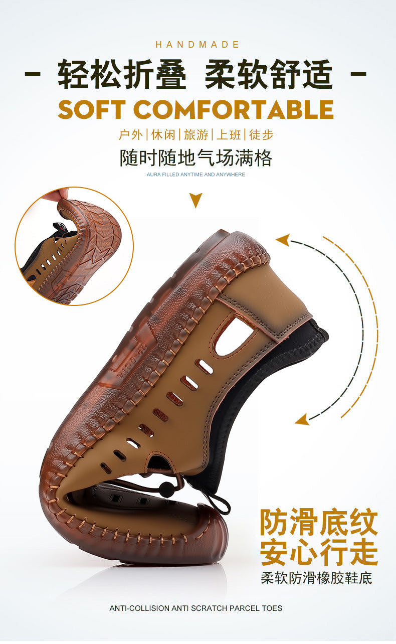 Men's Soft Leather 2024 Summer Men Leather Sandals Breathable Non-slip Cow Tendon Sole Casual Leather Shoes Outdoor Beach Shoes