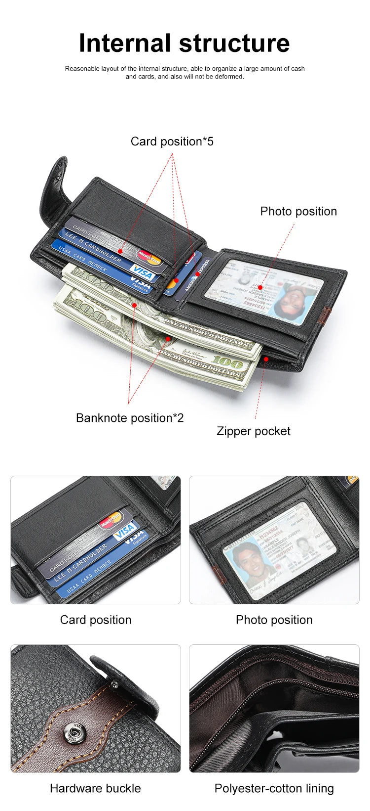 Business Leather Wallet for ID Porte Cartes Card Case Paper Money Photo Ticket Slots Passport Cover Snap Long Short Male Wallet