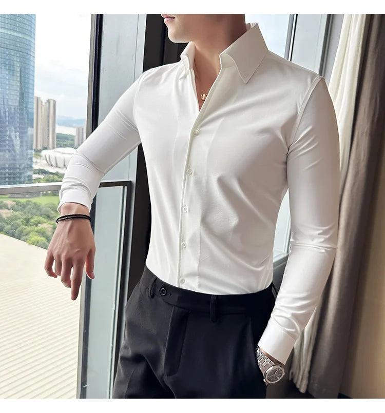 Men Dress Shirt 2025 Autumn British Style Solid Casual Slim Fit Formal Camisas V-neck Long Sleeves Shirt Streetwear Men Clothing